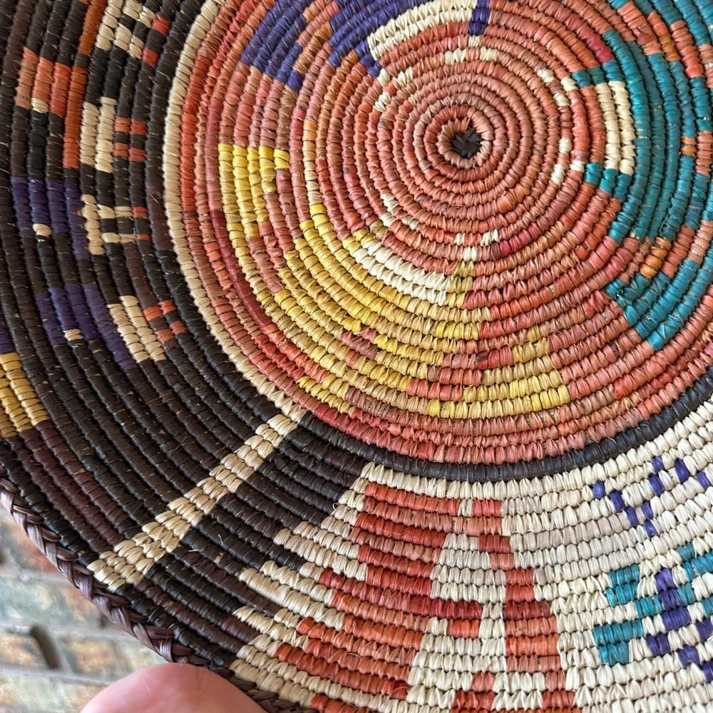Vintage Southwestern Woven Coil Basket Wall Decor Tray 14 Inch Multicolor